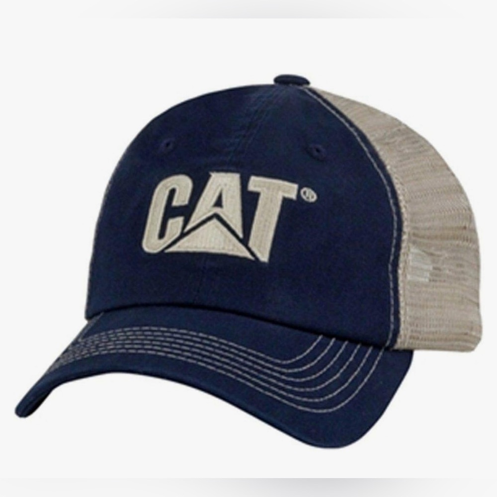 🆕 Caterpillar CAT Navy Blue & Tan Nylon Mesh Cap/Hat